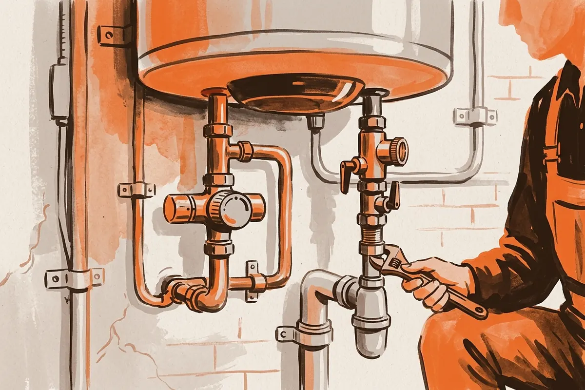 Organes de sécurité et d’isolement contrôlés sous un ballon d’eau chaude électrique.
