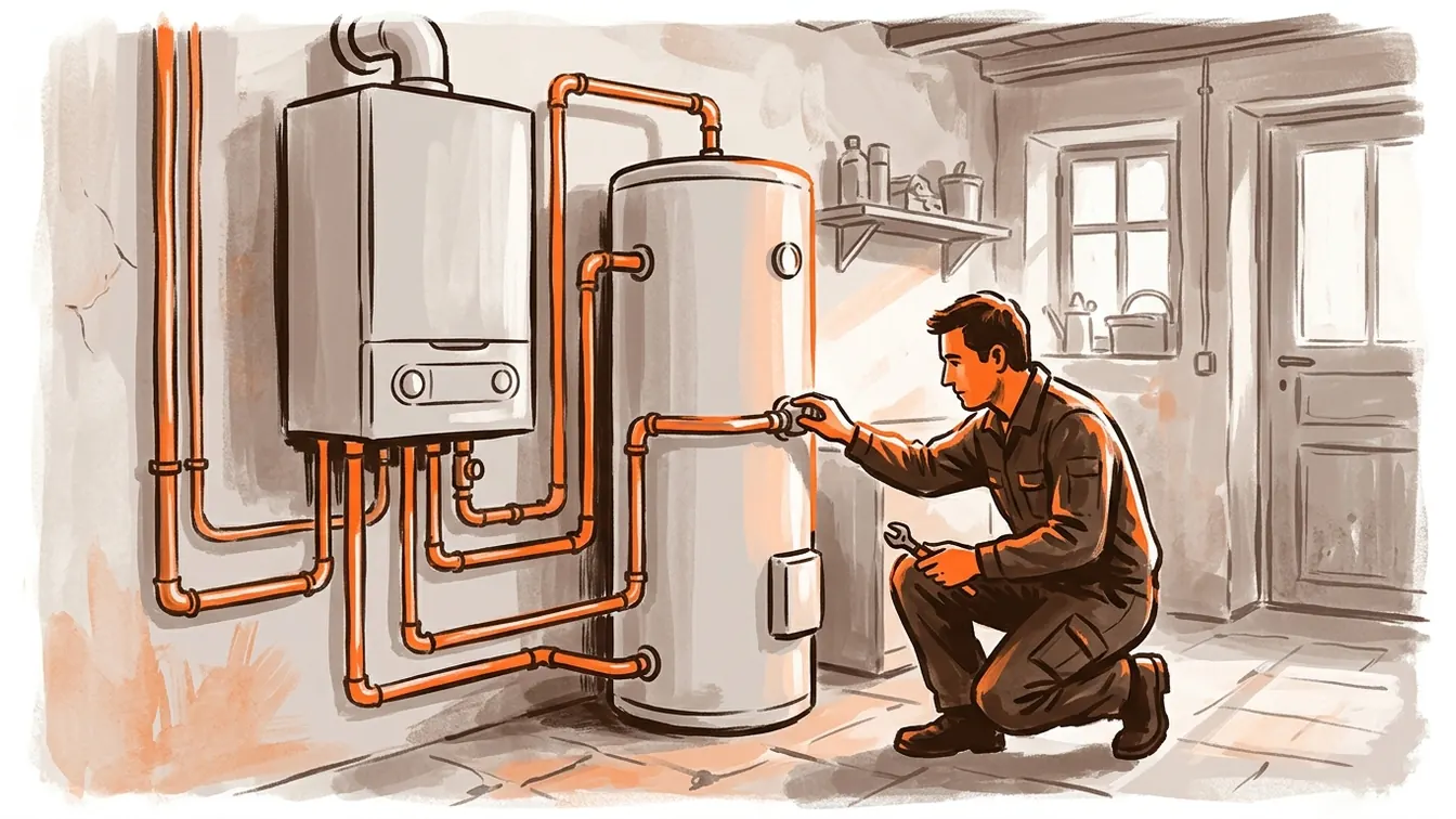 Chaudière et ballon électrique reliés en série dans une maison française, sous le contrôle d’un plombier.