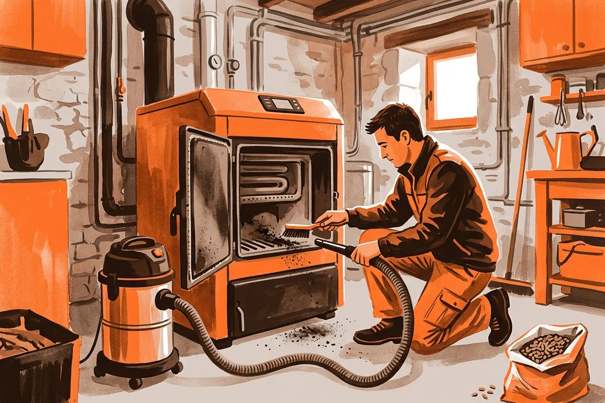 Un technicien nettoie le foyer et l’échangeur d’une chaudière Loki MK2