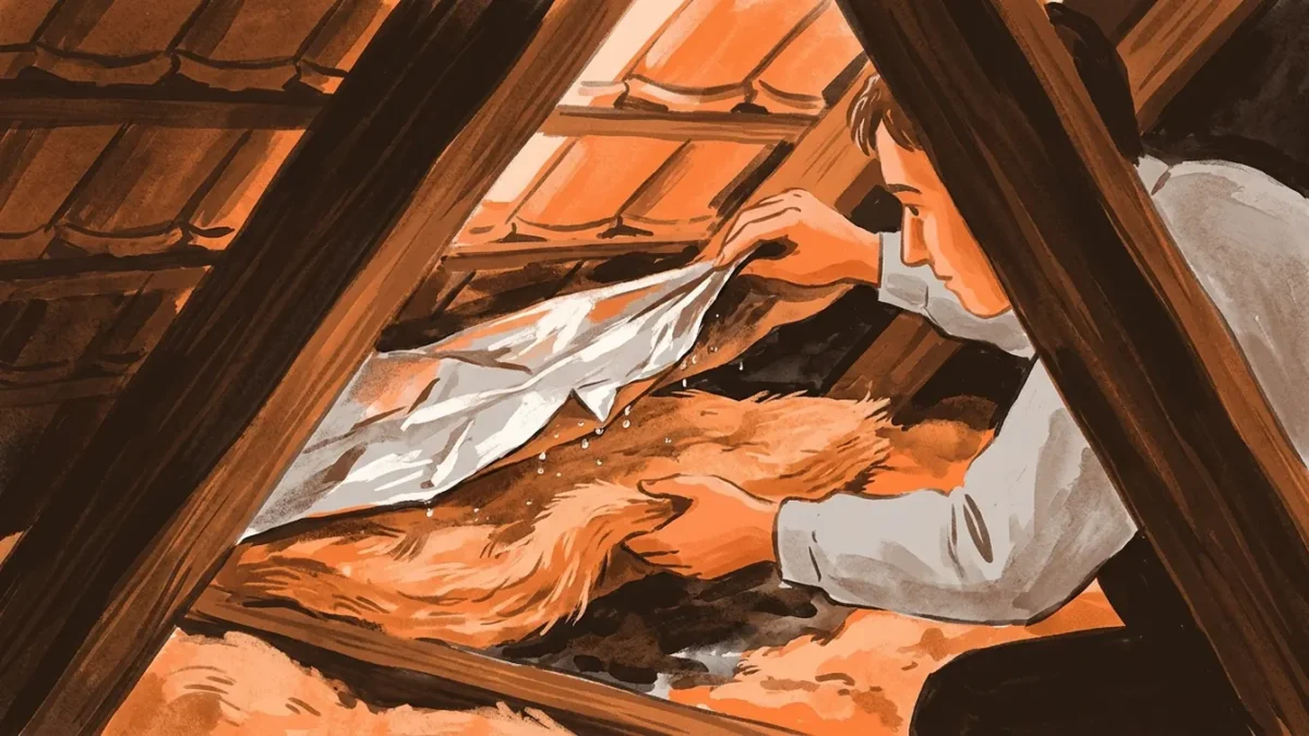 Dans des combles français, une personne examine de la laine de verre humide derrière un isolant mince.