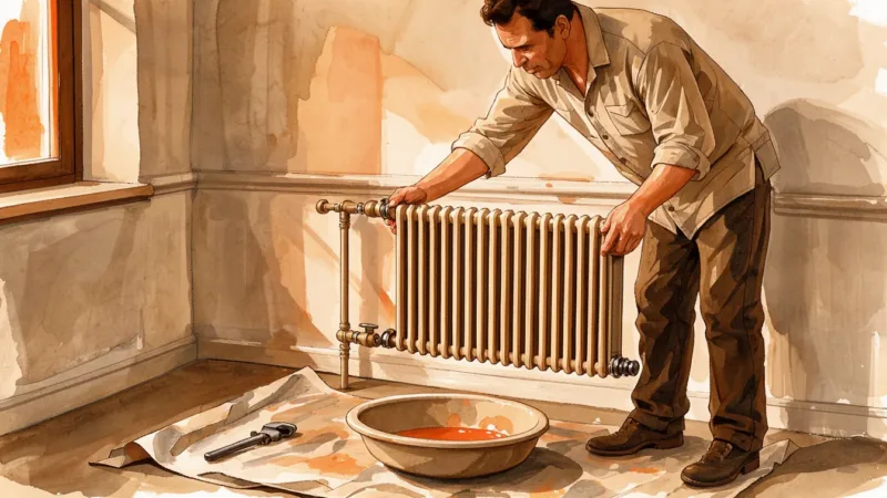 Un radiateur à eau isolé est décroché de ses fixations dans une maison française, avec une bassine au sol.