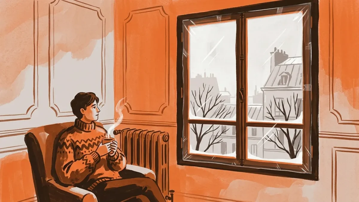 Film thermique posé sur une fenêtre dans une maison française en hiver