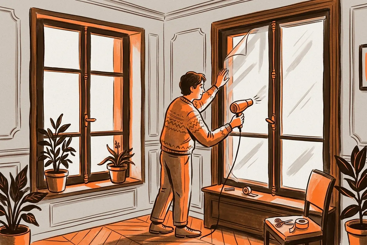 Pose d’un film thermique sur le cadre intérieur d’une fenêtre