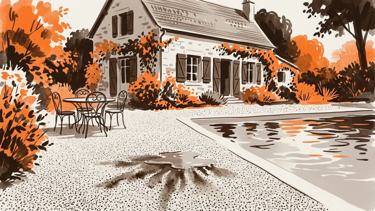 Terrasse Hydrostar en granulats de marbre près d’une piscine, avec de l’eau qui s’évacue dans le revêtement
