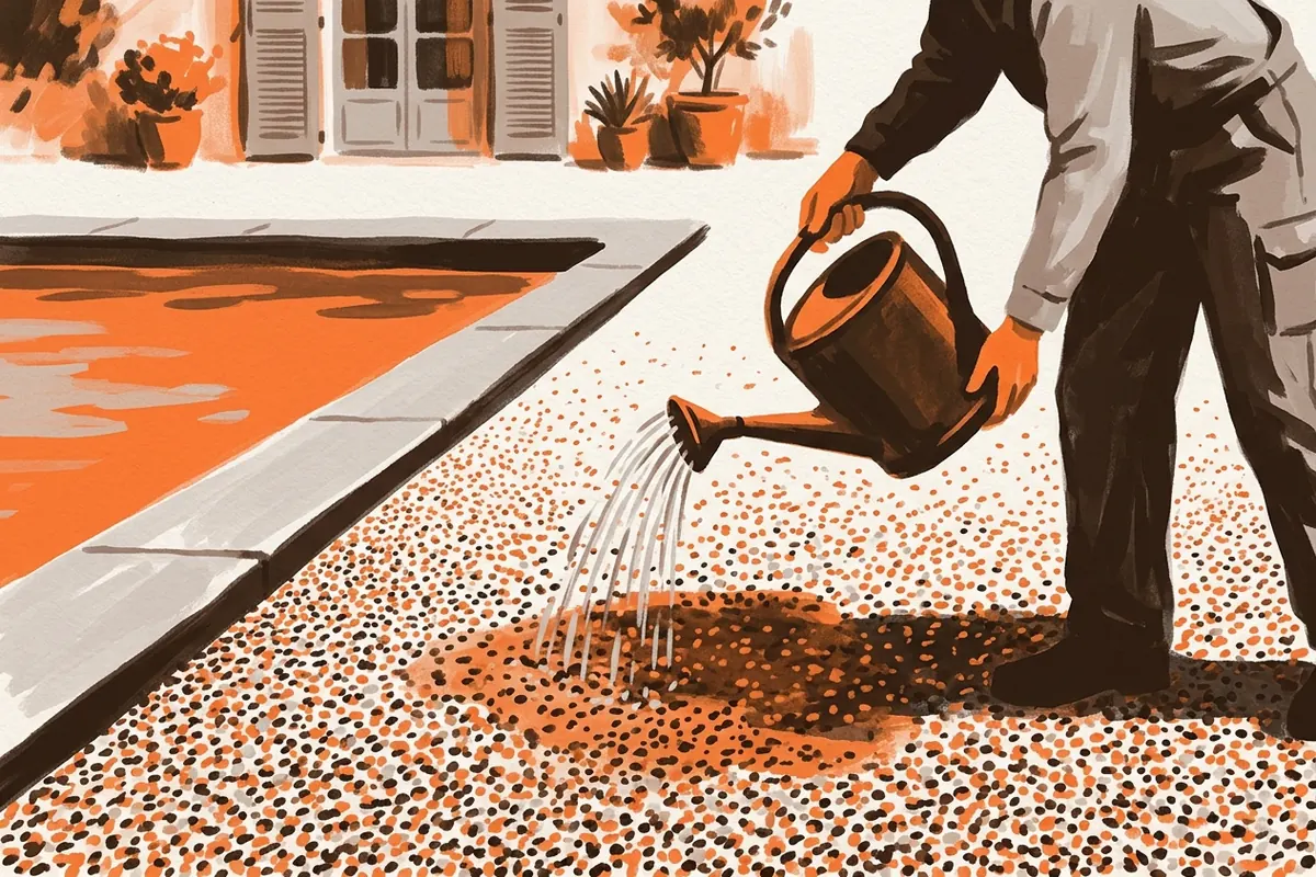 Un artisan vérifie le drainage du revêtement Hydrostar en versant de l’eau près d’une piscine