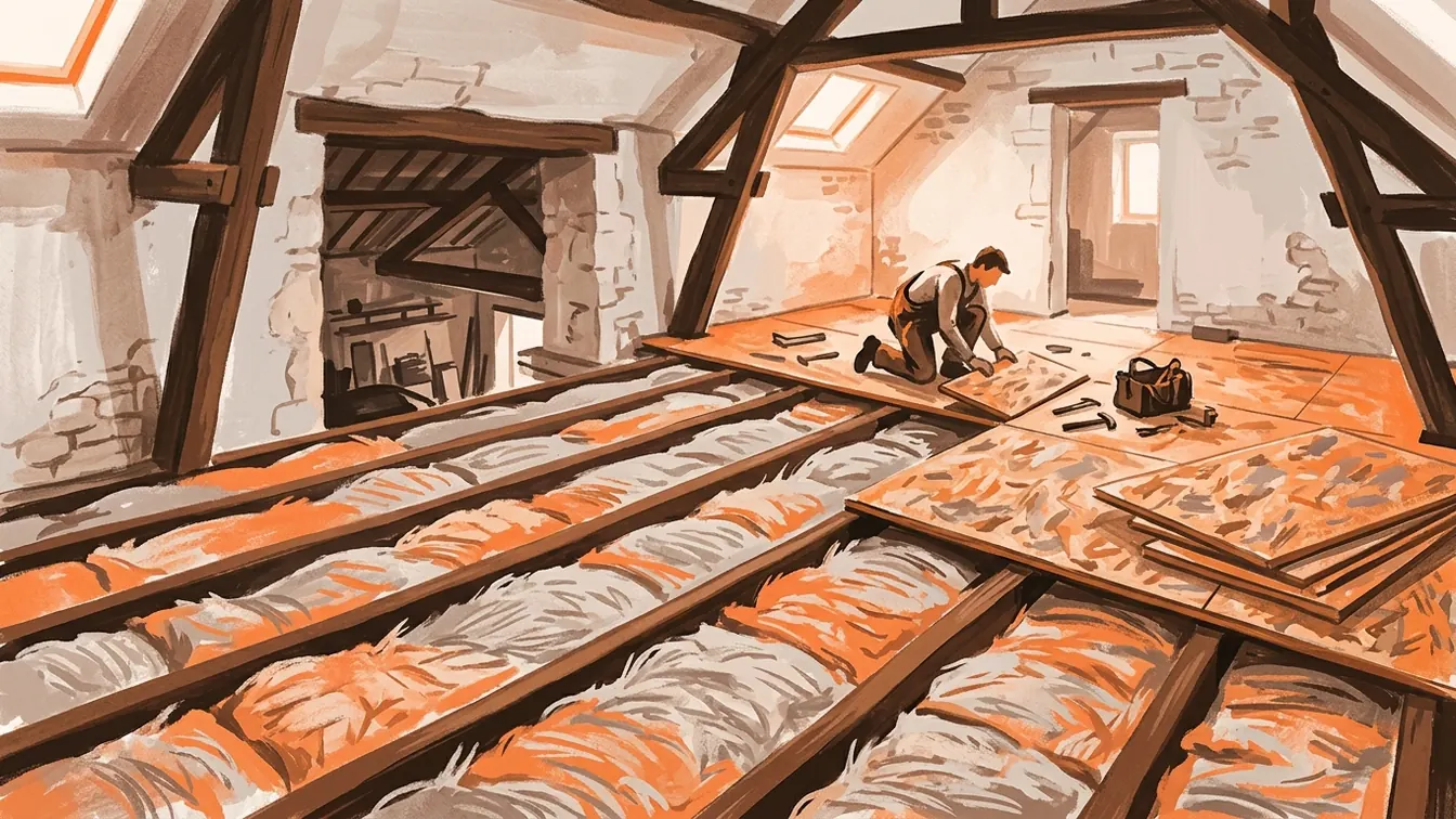 Isolation entre solives sous un plancher en OSB, au-dessus d’un garage non chauffé.