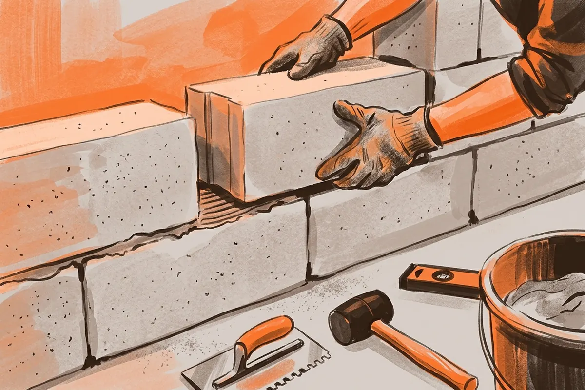 Pose de blocs de béton cellulaire à joints décalés dans une maison en rénovation.