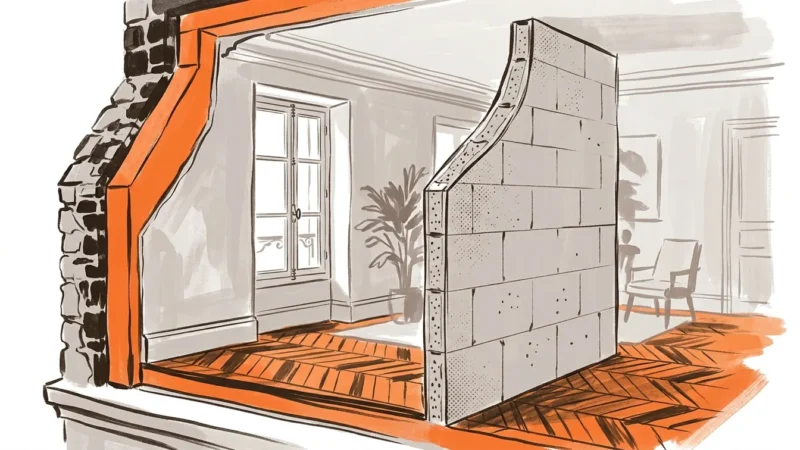Dans une maison française, une cloison en béton cellulaire jouxte un mur extérieur isolé.