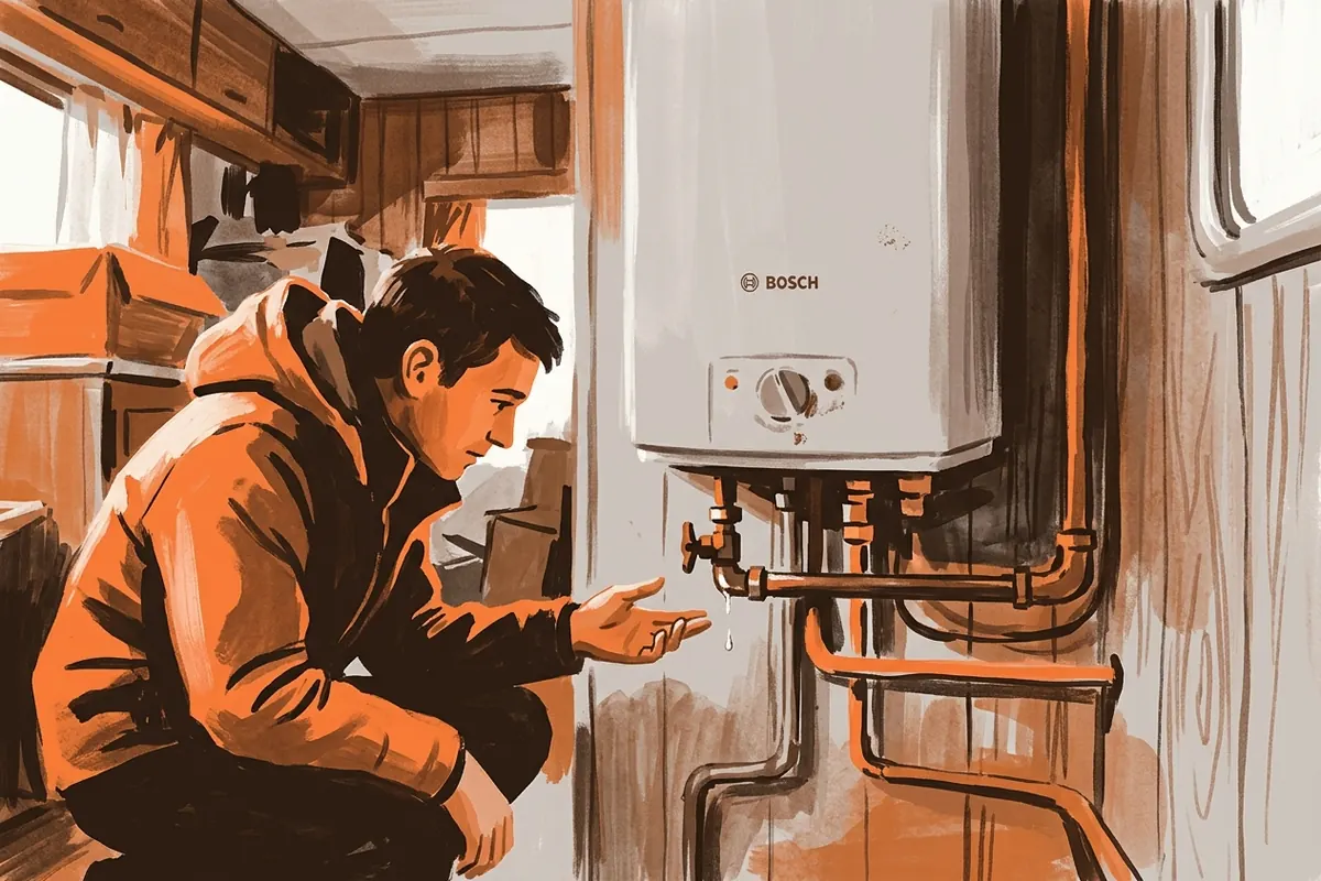Une fuite sous un chauffe-eau Bosch après l’hivernage, avec l’arrivée d’eau coupée.