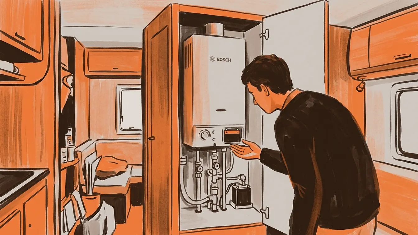 Un propriétaire vérifie un chauffe-eau Bosch dans le placard technique d’un mobil-home.