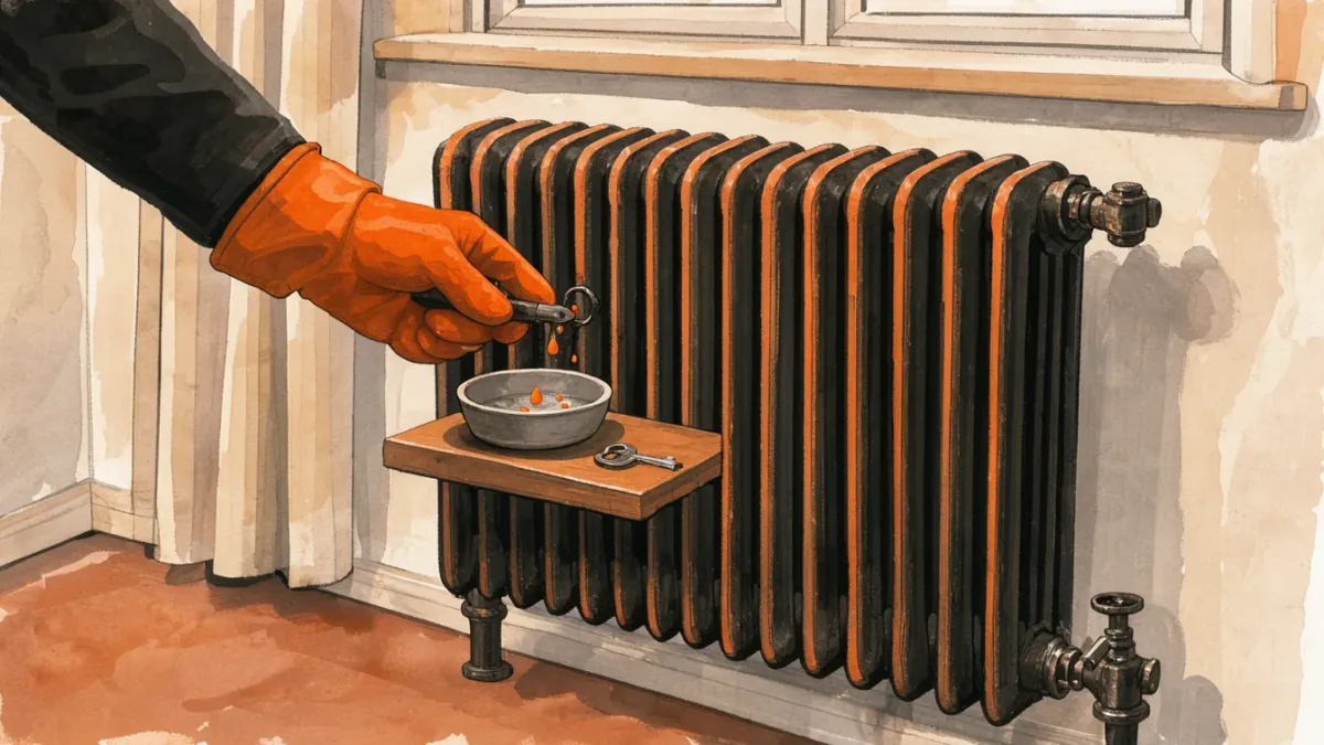 Purge d’un radiateur en fonte avec une clé et un récipient placé sous la vis.
