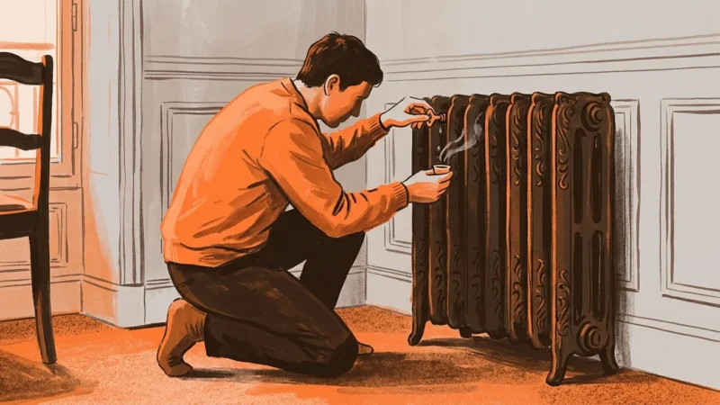 Purge douce d’un ancien radiateur en fonte avec une clé et un récipient sous la vis.